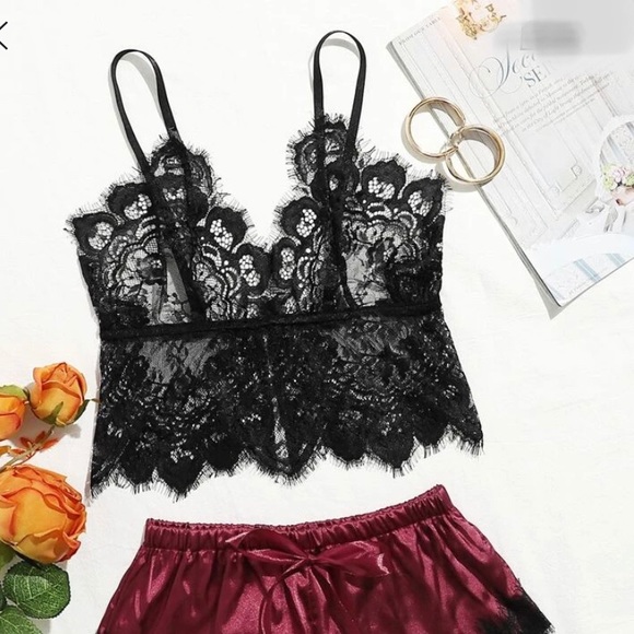 Other - Black lace with satin shorts lingerie
